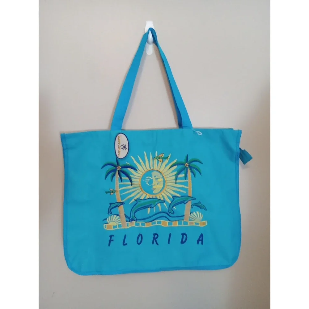 Happy Island Teal Blue Embroidery Florida Dolphins Palm Trees Canvas Bag 20x15x4